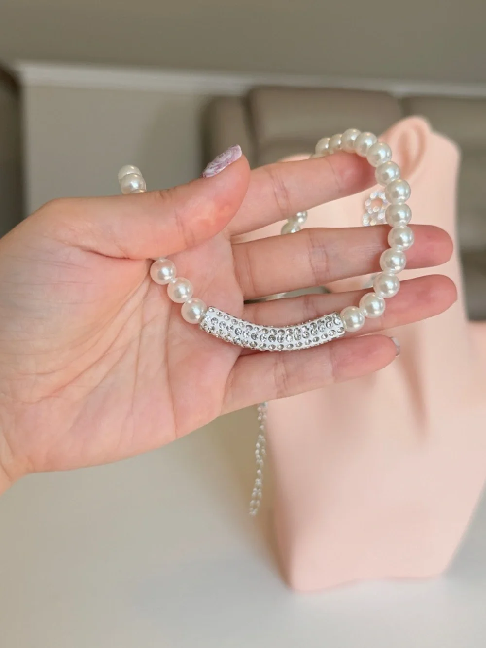 Pearl Bead Necklace with Rhinestone Accent